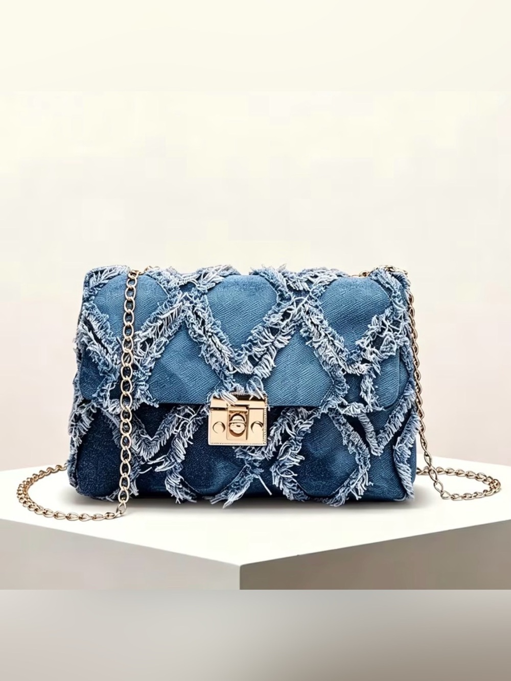 Denim Fringe Quilted Chain Shoulder Bag - Blue NWT